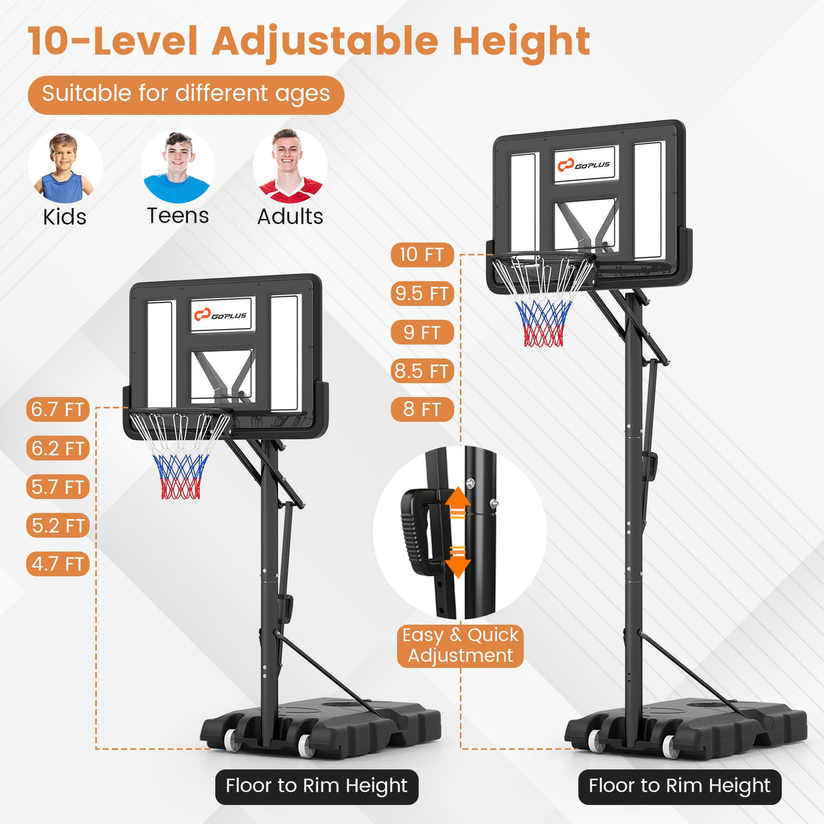 Portable Basketball Hoop with 4.6–10 ft. 10-Level Height Adjustment, Shatterproof Backboard & Fillable Base