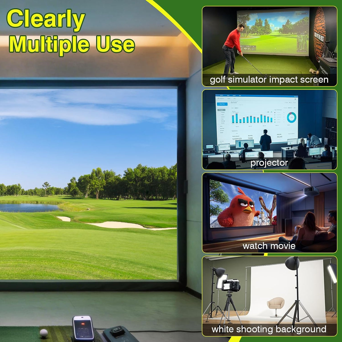 Golf Simulator Impact Screen,Clear Impact Screen（78/98/118/138/157In with 10 Spring Buckles and 1 Rope for Golf Training, Home Golf Simulator Screen for Indoor/Garage