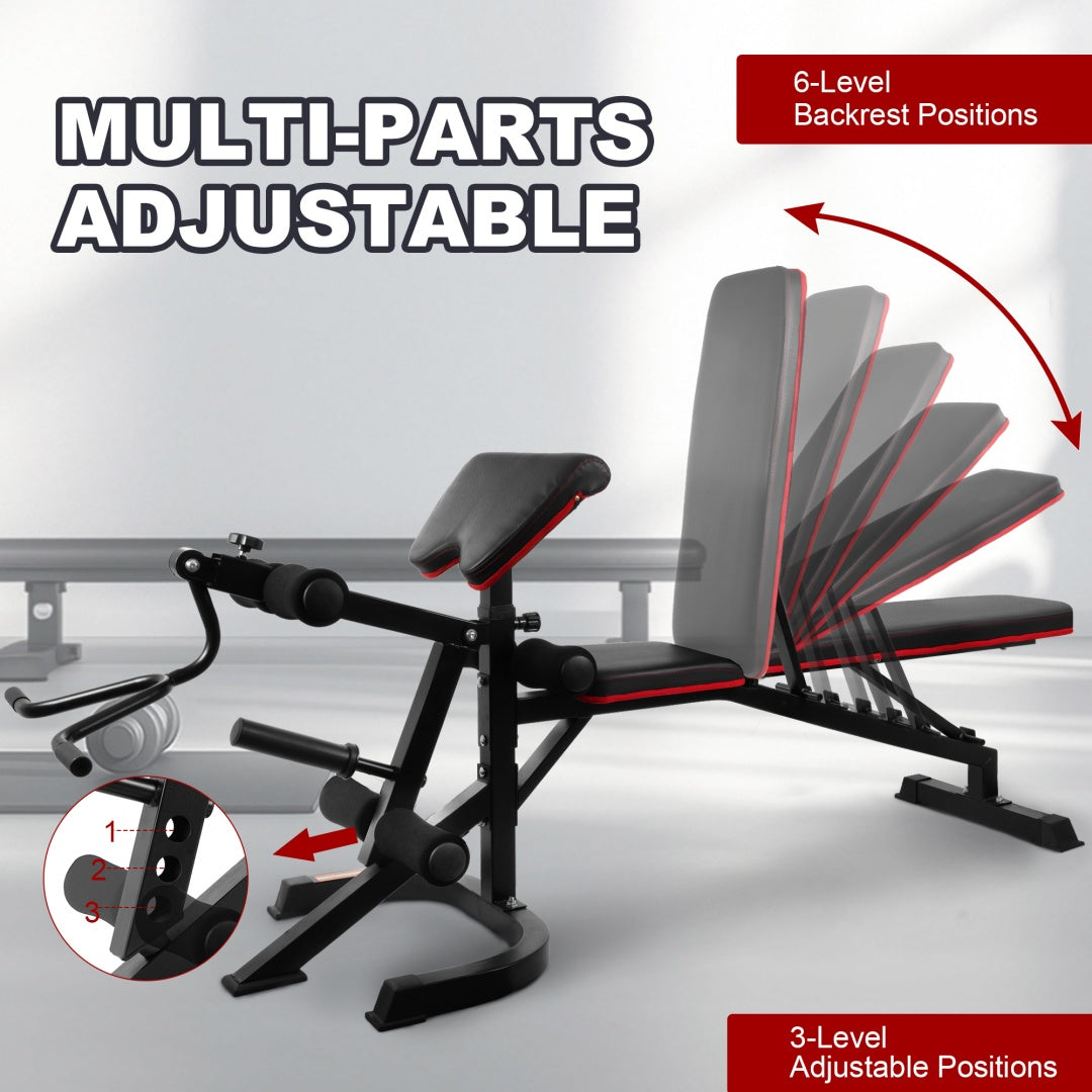 Adjustable Weight Bench Combo with Leg Extension, Curl Cushion, V-Handles & 2-Inch Plate Storage
