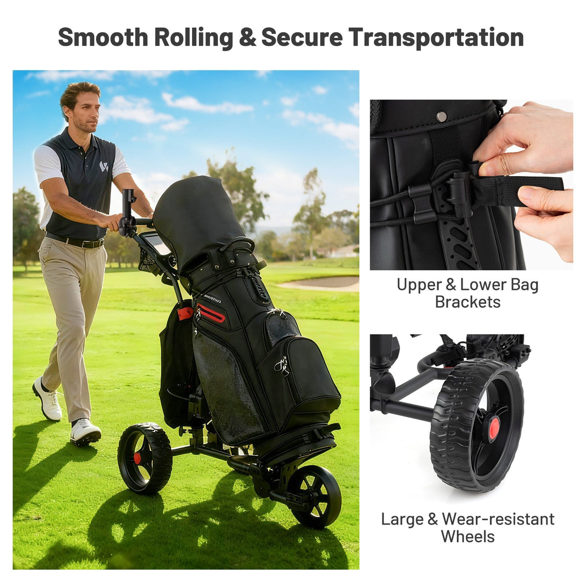 3 Wheel Golf Bag Cart with Adjustable Handle, 9 Speed Settings, USB Port & Cooler Bag