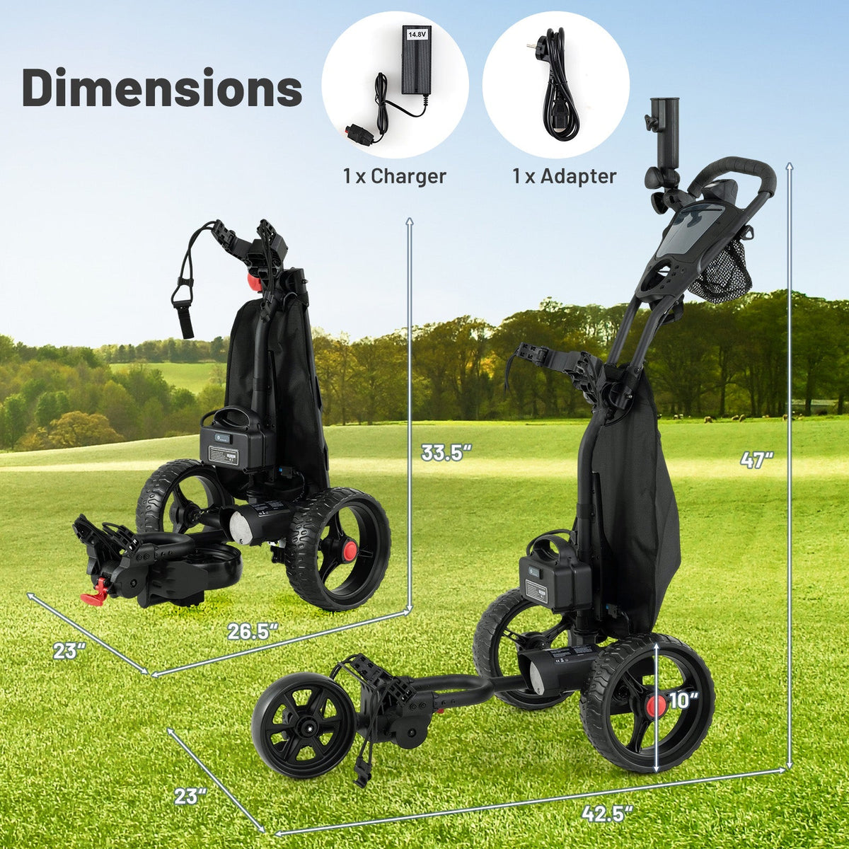3 Wheel Golf Bag Cart with Adjustable Handle, 9 Speed Settings, USB Port & Cooler Bag