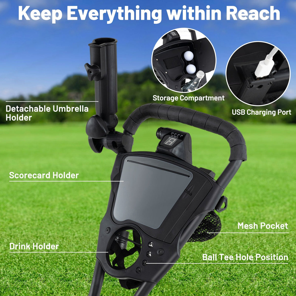 3 Wheel Golf Bag Cart with Adjustable Handle, 9 Speed Settings, USB Port & Cooler Bag
