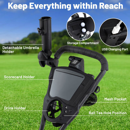 3 Wheel Golf Bag Cart with Adjustable Handle, 9 Speed Settings, USB Port & Cooler Bag
