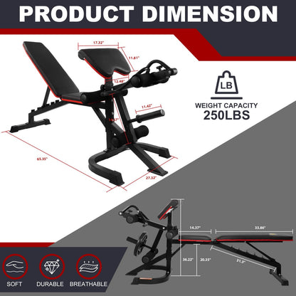 Adjustable Weight Bench Combo with Leg Extension, Curl Cushion, V-Handles & 2-Inch Plate Storage