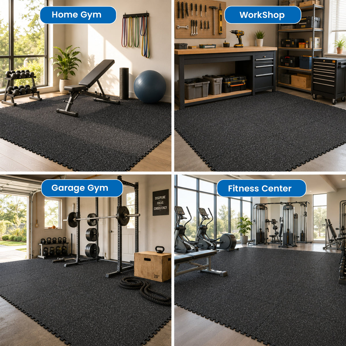 0.79 Inch Thick Interlocking Gym Floor Mats - EVA Foam with Rubber Top, 24" x 24", 72 Sq. Ft.