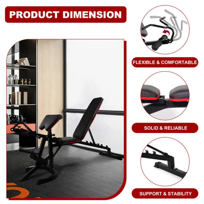 Adjustable Weight Bench Combo with Leg Extension, Curl Cushion, V-Handles & 2-Inch Plate Storage