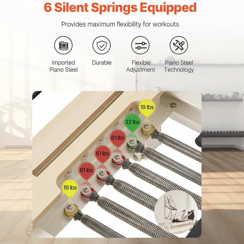 Wooden Pilates Reformer for Home & Studio with 5 Adjustable Springs, Jump Board and Pilates Box
