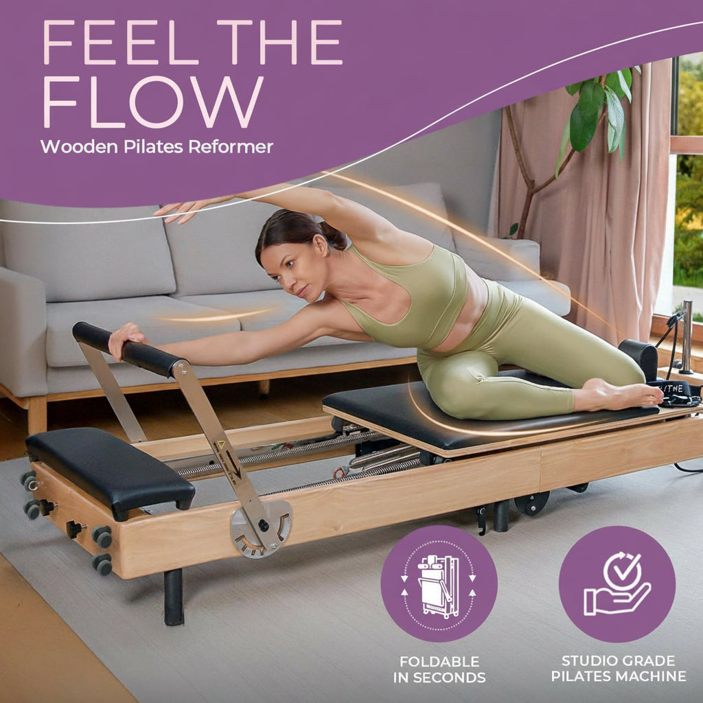 Foldable Wooden Pilates Reformer for Home, 70+ Guided Workouts | Reformer Box, Foot Board, Jump Board, 360-Degree Wheels, Non-Slip Feet, Supports Rehabilitation and Physiotherapy