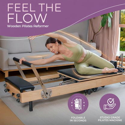 Foldable Wooden Pilates Reformer for Home, 70+ Guided Workouts | Reformer Box, Foot Board, Jump Board, 360-Degree Wheels, Non-Slip Feet, Supports Rehabilitation and Physiotherapy