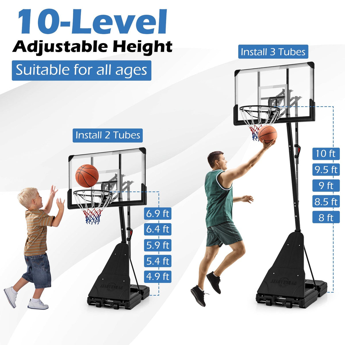 Portable Basketball Hoop with 44-Inch PC Backboard, Rebounder & 4.9–10 ft. Height Adjustment