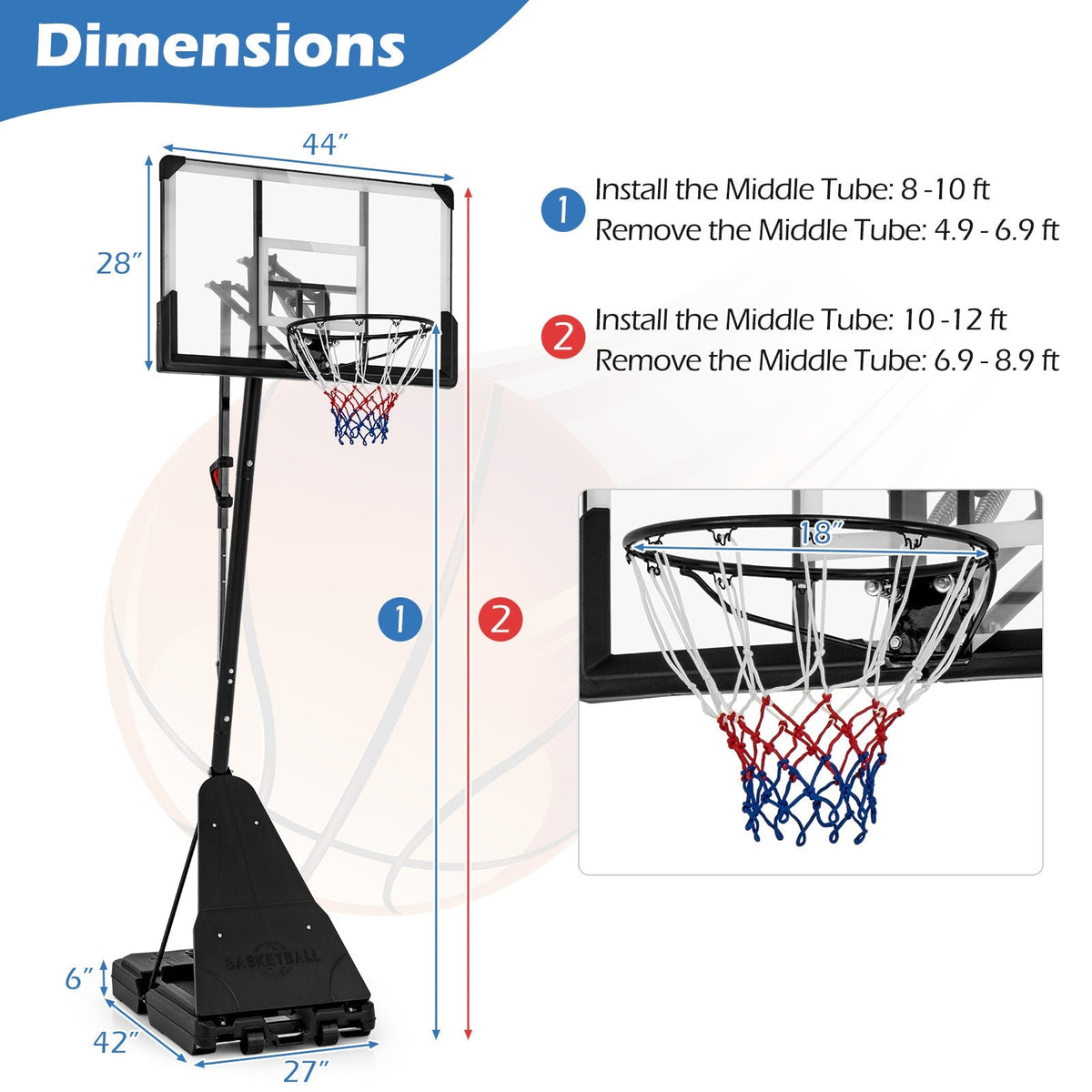 Portable Basketball Hoop with 44-Inch PC Backboard, Rebounder & 4.9–10 ft. Height Adjustment
