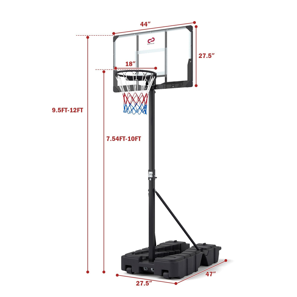 Foldable Portable Basketball Hoop with PC Backboard, 7.54–10 ft. Stepless Height Adjustment & Fillable Base