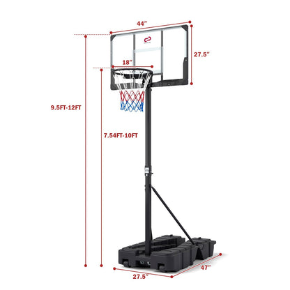 Foldable Portable Basketball Hoop with PC Backboard, 7.54–10 ft. Stepless Height Adjustment & Fillable Base