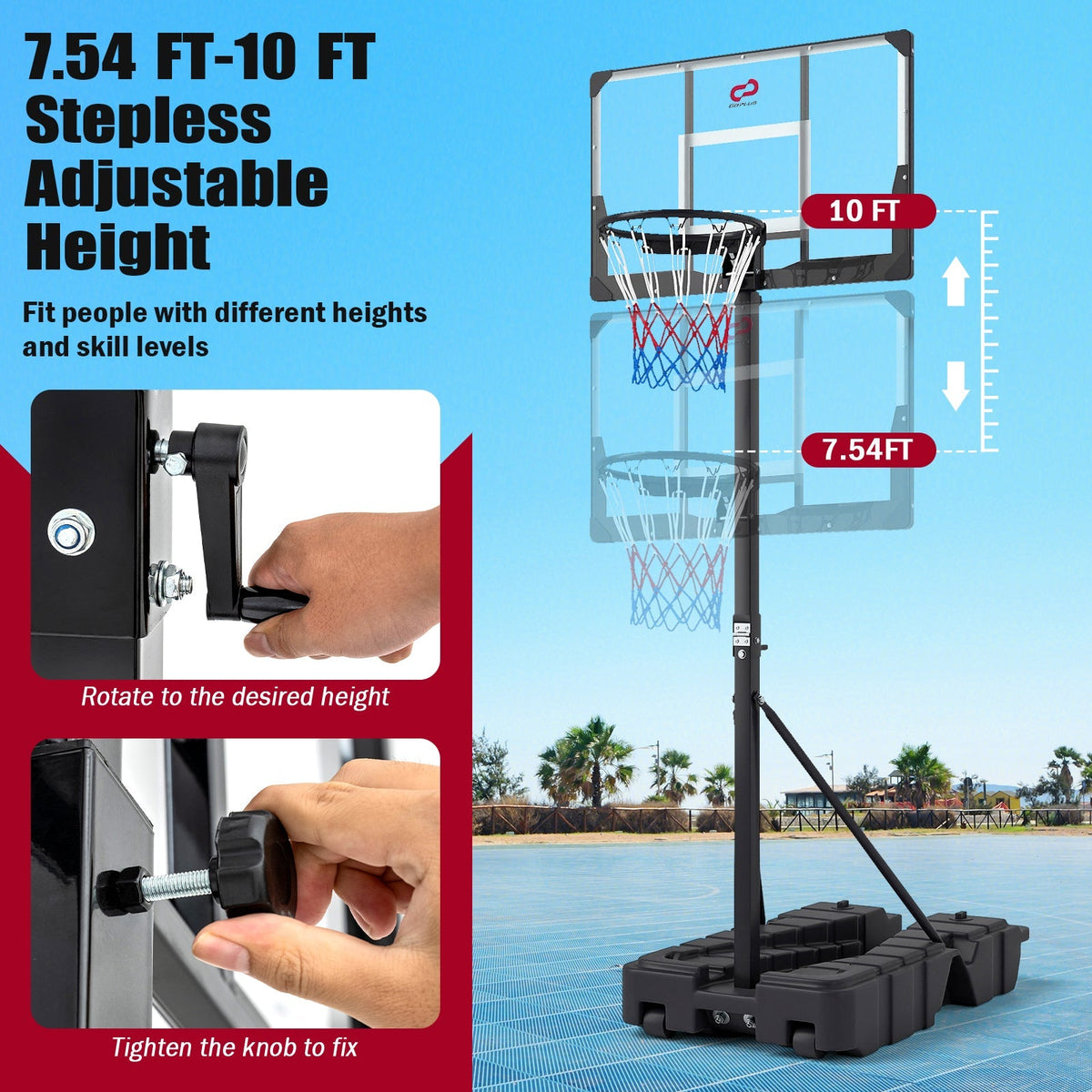 Foldable Portable Basketball Hoop with PC Backboard, 7.54–10 ft. Stepless Height Adjustment & Fillable Base