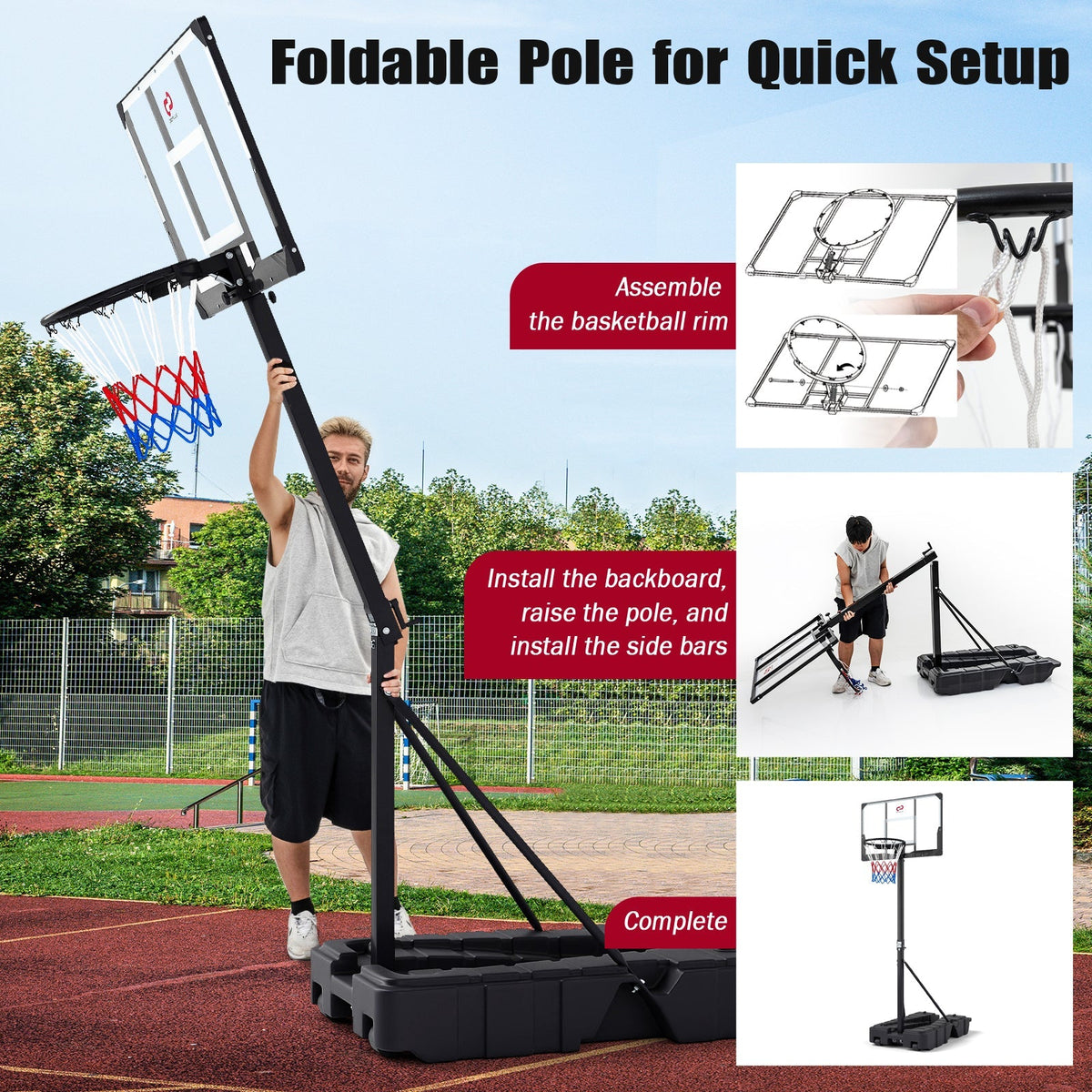 Foldable Portable Basketball Hoop with PC Backboard, 7.54–10 ft. Stepless Height Adjustment & Fillable Base