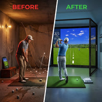 Golf Simulator Enclosure, 10 X 8 Ft/12 X 9 Ft, HD Impact Screen | Foam-Padded Frame, Indoor Golf Practice Cage for Home, Garage & Studio — Before & After