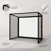 Golf Simulator Enclosure, 10 X 8 Ft/12 X 9 Ft, HD Impact Screen | Foam-Padded Frame, Indoor Golf Practice Cage for Home, Garage & Studio — infographic