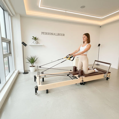 PERSONALHOUR Janet Plus Foldable Maple Wood Pilates Reformer with 6 Springs, Jumpboard & Sitting Box