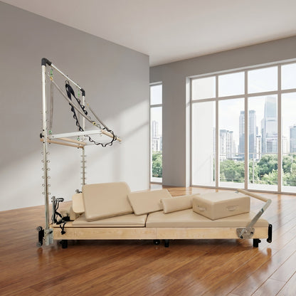 PERSONALHOUR Janet Plus Foldable Maple Wood Pilates Reformer with 6 Springs, Jumpboard & Sitting Box