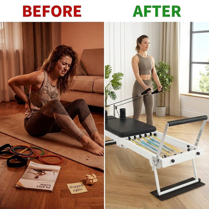 Pilates Reformer, Foldable Pilates Machine for Home and Gym Workout with Jump Board, Springs and Cords, Heavy Duty Pilates Equipment with Adjustable Resistance | with Jump Board, Springs and Cords, Heavy Duty Pilates Equipment with Adjustable Resistance — Before & After