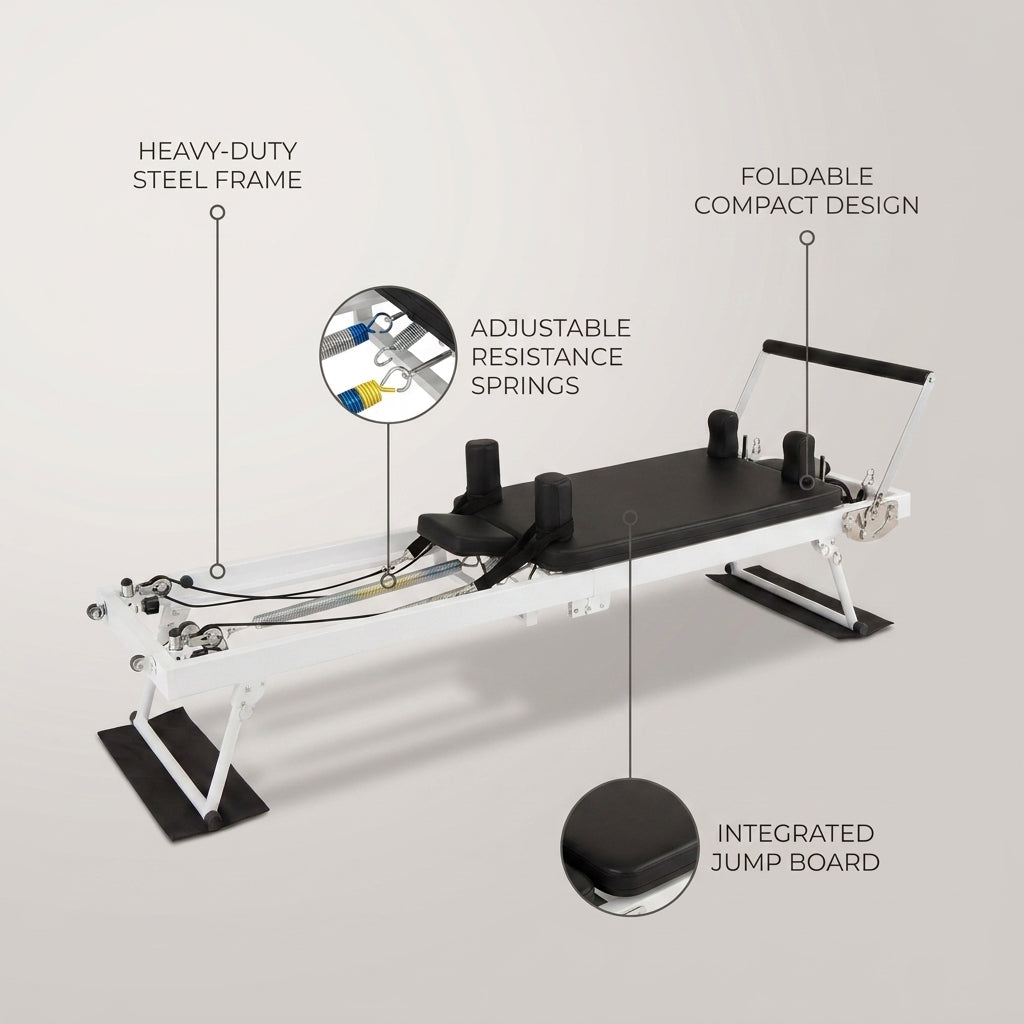 Pilates Reformer, Foldable Pilates Machine for Home and Gym Workout with Jump Board, Springs and Cords, Heavy Duty Pilates Equipment with Adjustable Resistance | with Jump Board, Springs and Cords, Heavy Duty Pilates Equipment with Adjustable Resistance — infographic