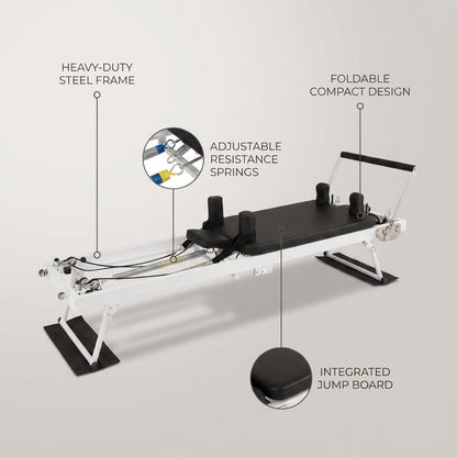 Pilates Reformer, Foldable Pilates Machine for Home and Gym Workout with Jump Board, Springs and Cords, Heavy Duty Pilates Equipment with Adjustable Resistance | with Jump Board, Springs and Cords, Heavy Duty Pilates Equipment with Adjustable Resistance — infographic