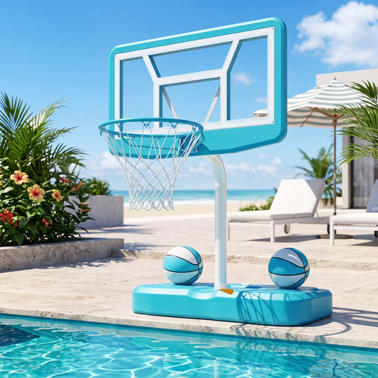 Pool Basketball Hoop Set with 2 Balls and Pump, 42-Inch Polycarbonate Backboard & 18-Inch Rim