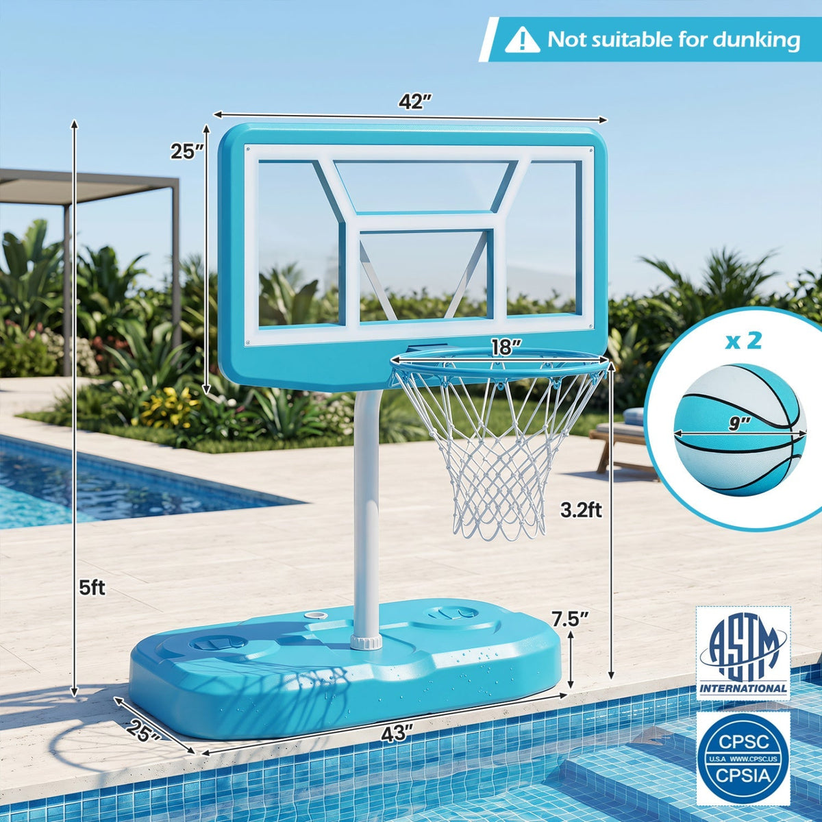 Pool Basketball Hoop Set with 2 Balls and Pump, 42-Inch Polycarbonate Backboard & 18-Inch Rim