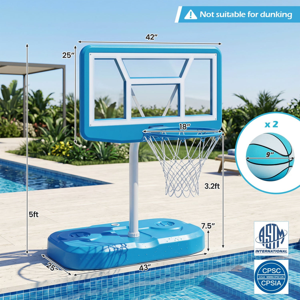 Pool Basketball Hoop Set with 2 Balls and Pump, 42-Inch Polycarbonate Backboard & 18-Inch Rim