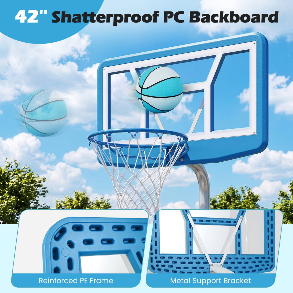 Pool Basketball Hoop Set with 2 Balls and Pump, 42-Inch Polycarbonate Backboard & 18-Inch Rim