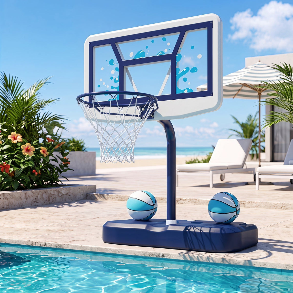 Pool Basketball Hoop Set with 2 Balls and Pump, 42-Inch Polycarbonate Backboard & 18-Inch Rim