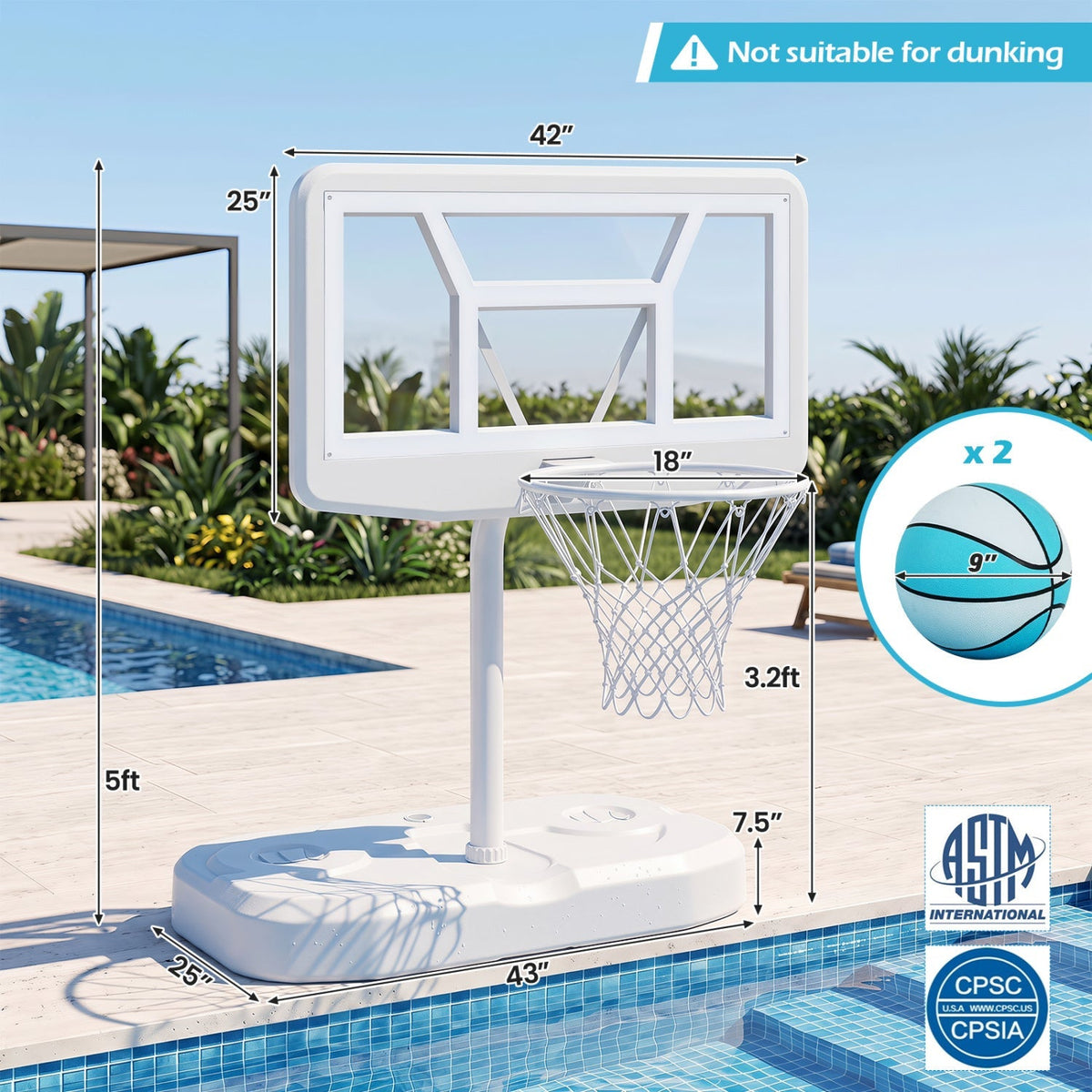 Pool Basketball Hoop Set with 2 Balls and Pump, 42-Inch Polycarbonate Backboard & 18-Inch Rim
