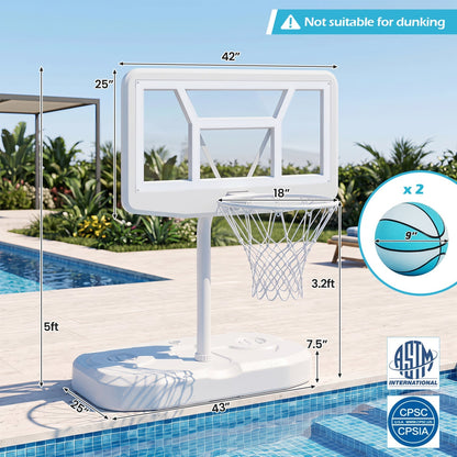 Pool Basketball Hoop Set with 2 Balls and Pump, 42-Inch Polycarbonate Backboard & 18-Inch Rim