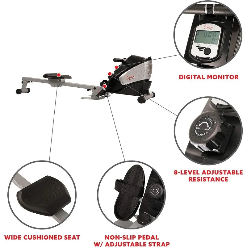 Sunny Health & Fitness Magnetic Rowing Machine with Digital Monitor, Tablet Holder & Foldable Upright Storage