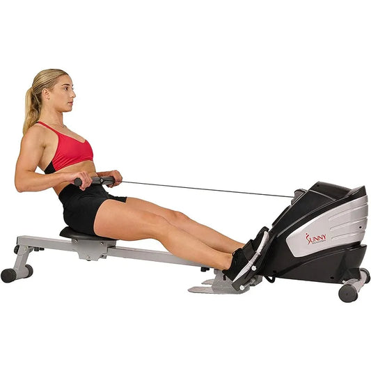 Sunny Health & Fitness Magnetic Rowing Machine with Digital Monitor, Tablet Holder & Foldable Upright Storage