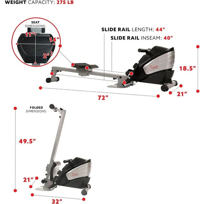 Sunny Health & Fitness Magnetic Rowing Machine with Digital Monitor, Tablet Holder & Foldable Upright Storage