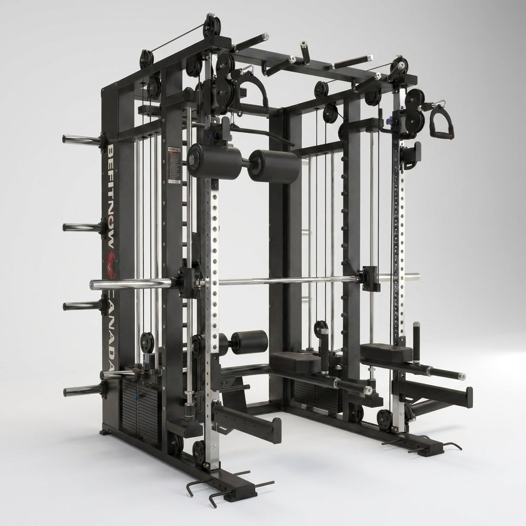 Smith Machine Built for Commercial Use, Three Cable Systems, 176lb Weight Stacks, 1000+ Exercises — Studio Shot