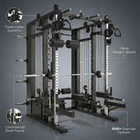 Smith Machine Built for Commercial Use, Three Cable Systems, 176lb Weight Stacks, 1000+ Exercises — infographic