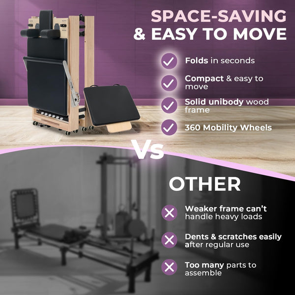 Foldable Wooden Pilates Reformer for Home with Jump Board, Reformer Box, Springs & 70+ Guided Workouts