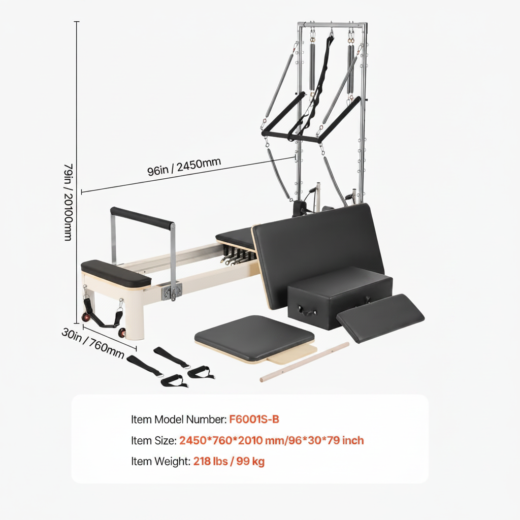 Wooden Pilates Reformer for Home & Studio with 5 Adjustable Springs, Jump Board and Pilates Box