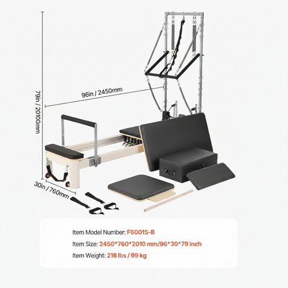 Wooden Pilates Reformer for Home & Studio with 5 Adjustable Springs, Jump Board and Pilates Box
