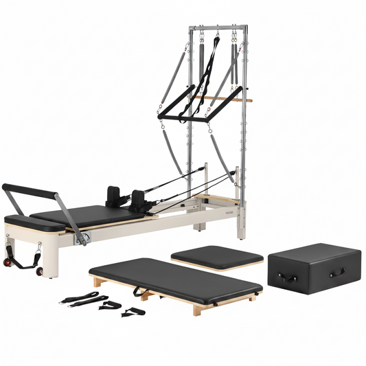 Wooden Pilates Reformer for Home & Studio with 5 Adjustable Springs, Jump Board and Pilates Box