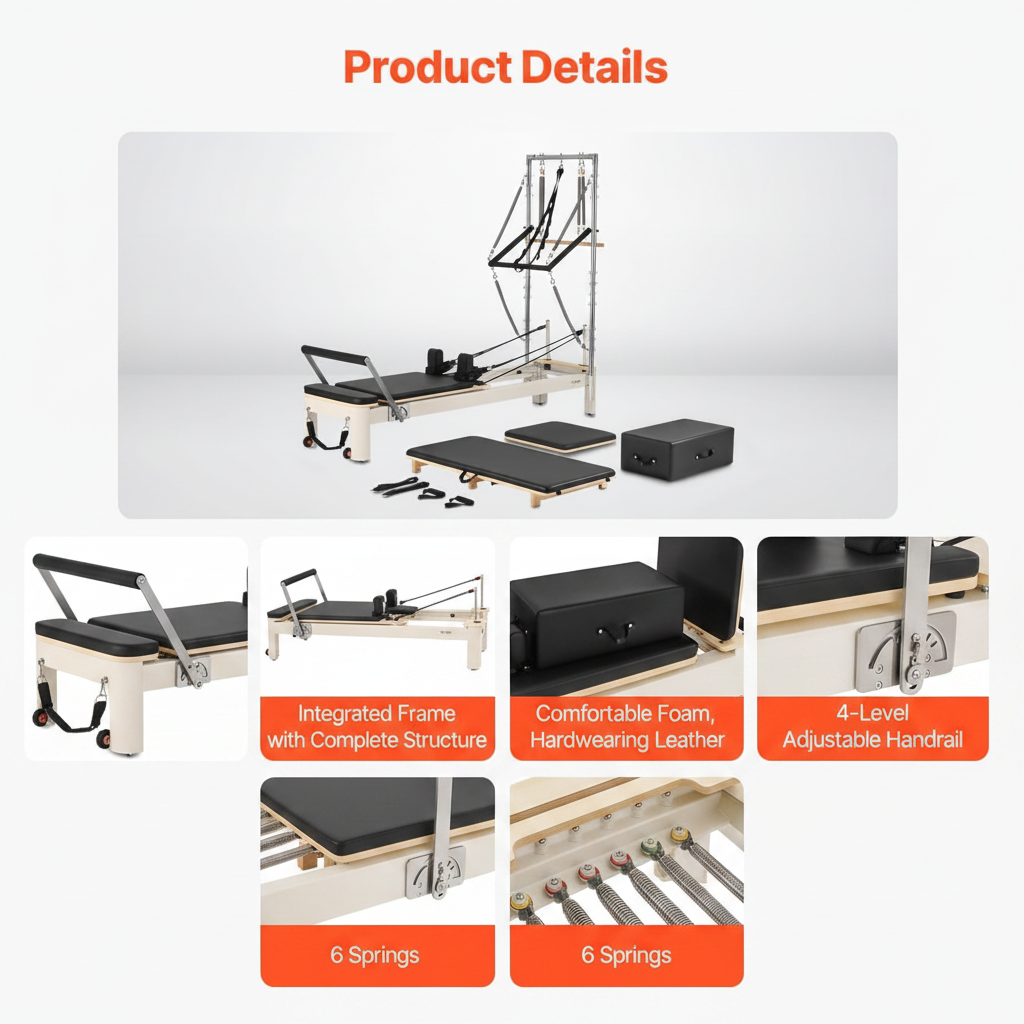 Wooden Pilates Reformer for Home & Studio with 5 Adjustable Springs, Jump Board and Pilates Box