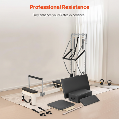 Wooden Pilates Reformer for Home & Studio with 5 Adjustable Springs, Jump Board and Pilates Box
