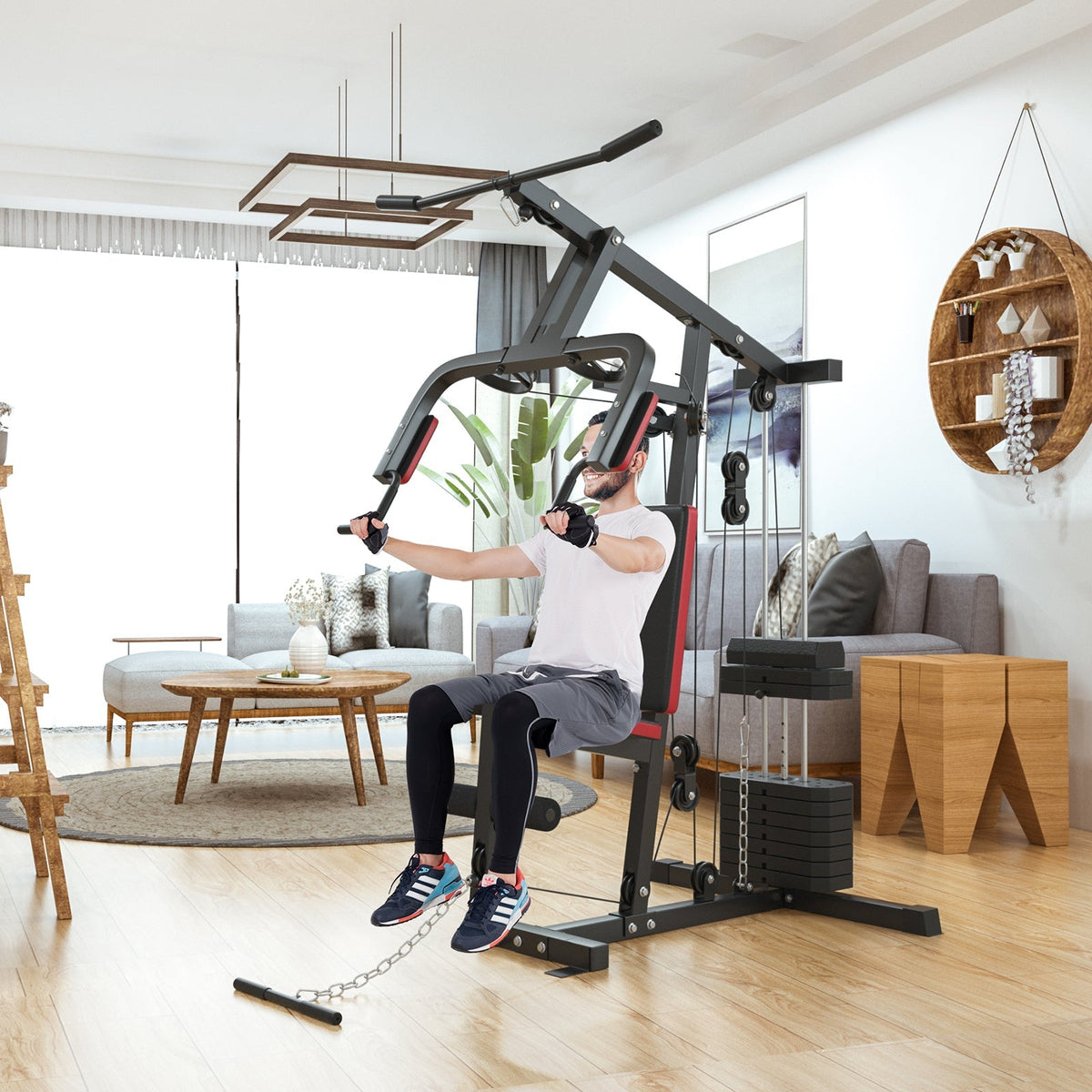 Multifunction Cross Trainer Workout Machine with Arm Press, High/Low Pulley & 4-Roll Leg Developer