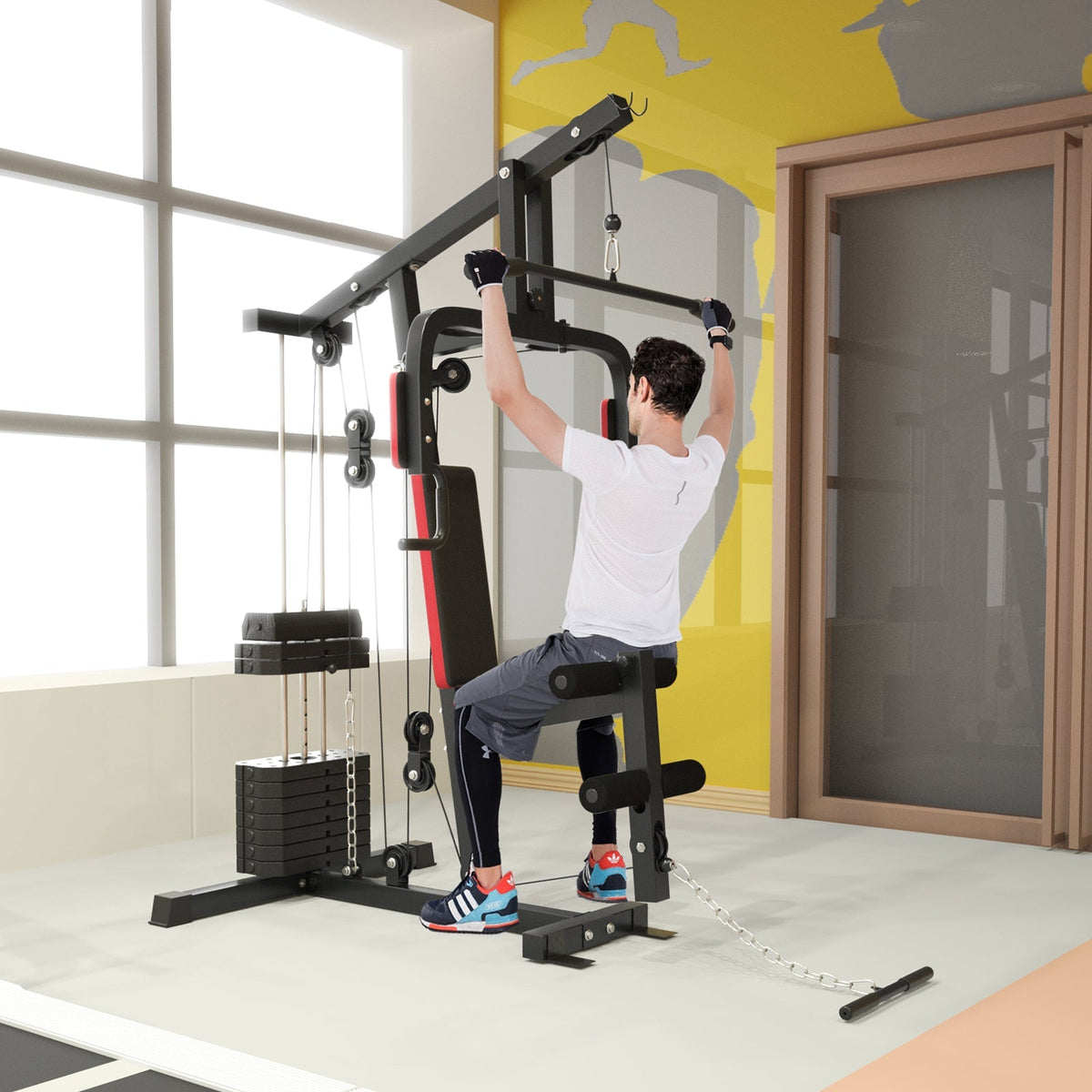 Multifunction Cross Trainer Workout Machine with Arm Press, High/Low Pulley & 4-Roll Leg Developer