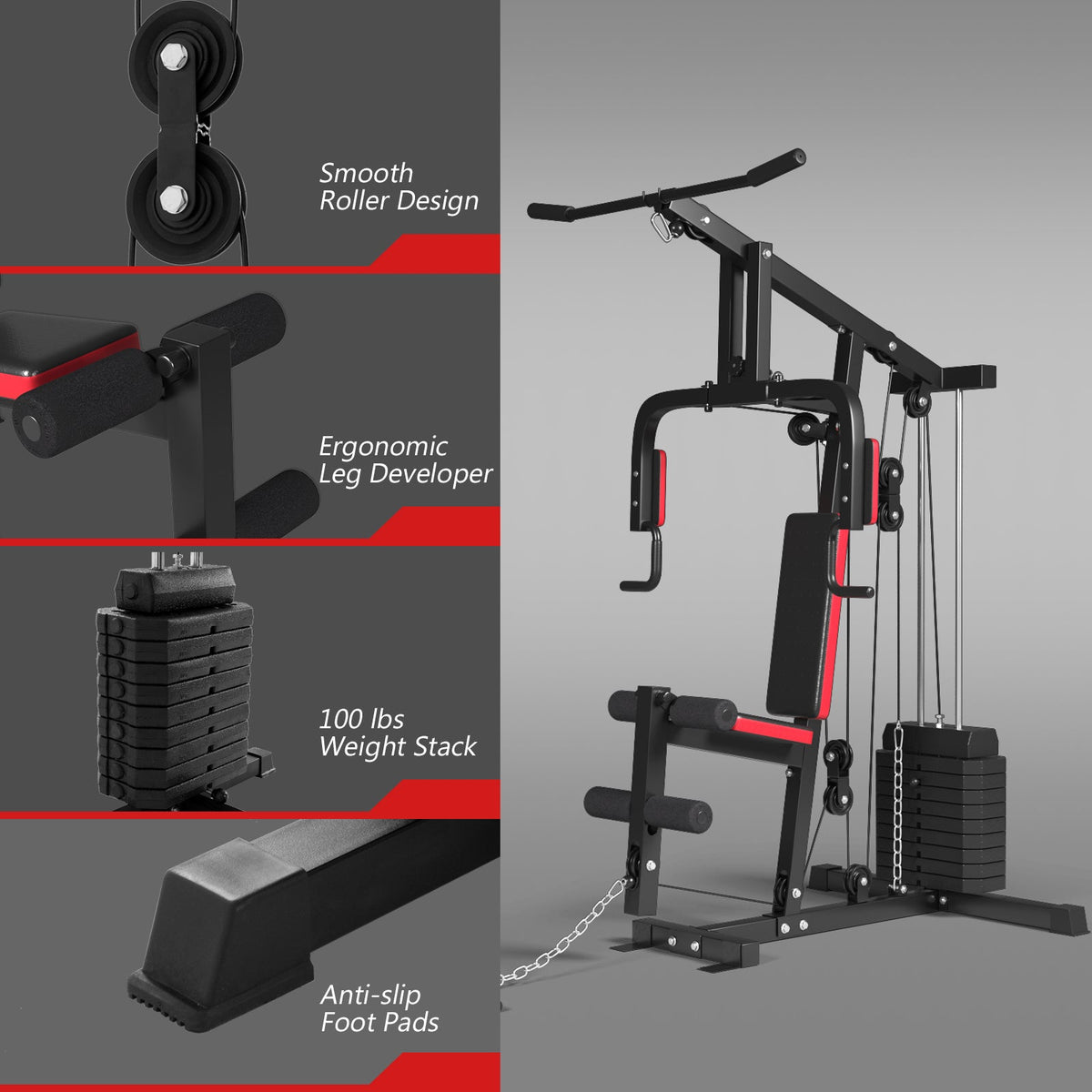 Multifunction Cross Trainer Workout Machine with Arm Press, High/Low Pulley & 4-Roll Leg Developer